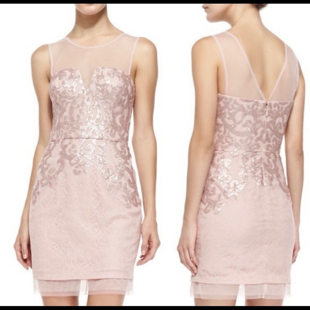 BCBG Abigail mesh-trimmed sequined cocktail dress
